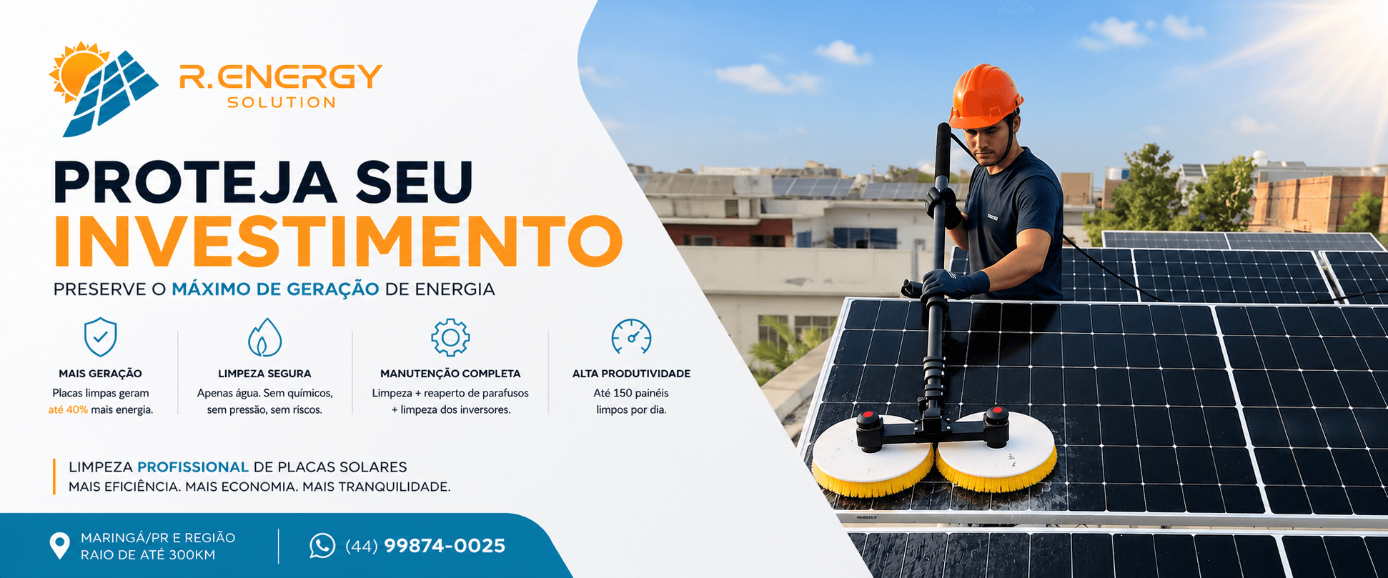 R.Energy Solution realizando limpeza profissional em placas solares