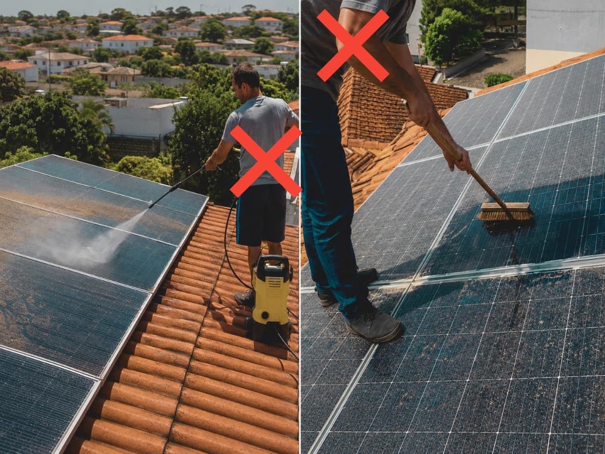 Limpeza incorreta de placas solares com jato de pressao e vassoura